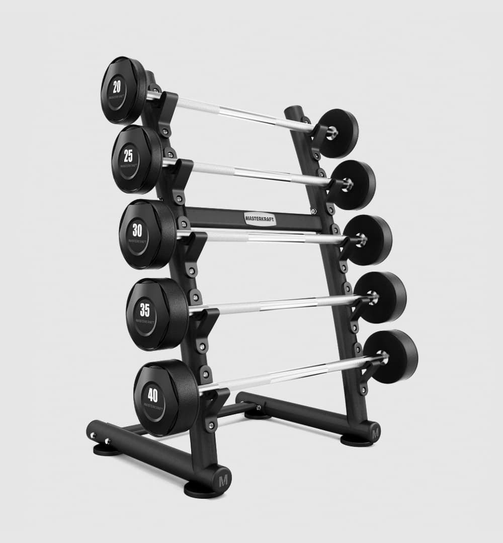 Rubber Fixed Barbells (Set of 5 Bars) & Rack